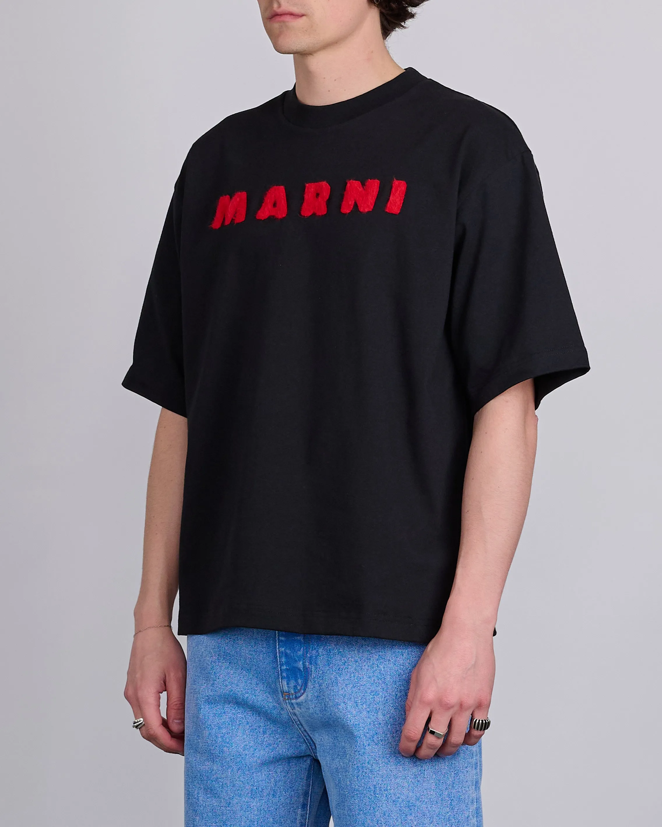 Marni Gingham Logo Mohair Applique T-Shirt Black
