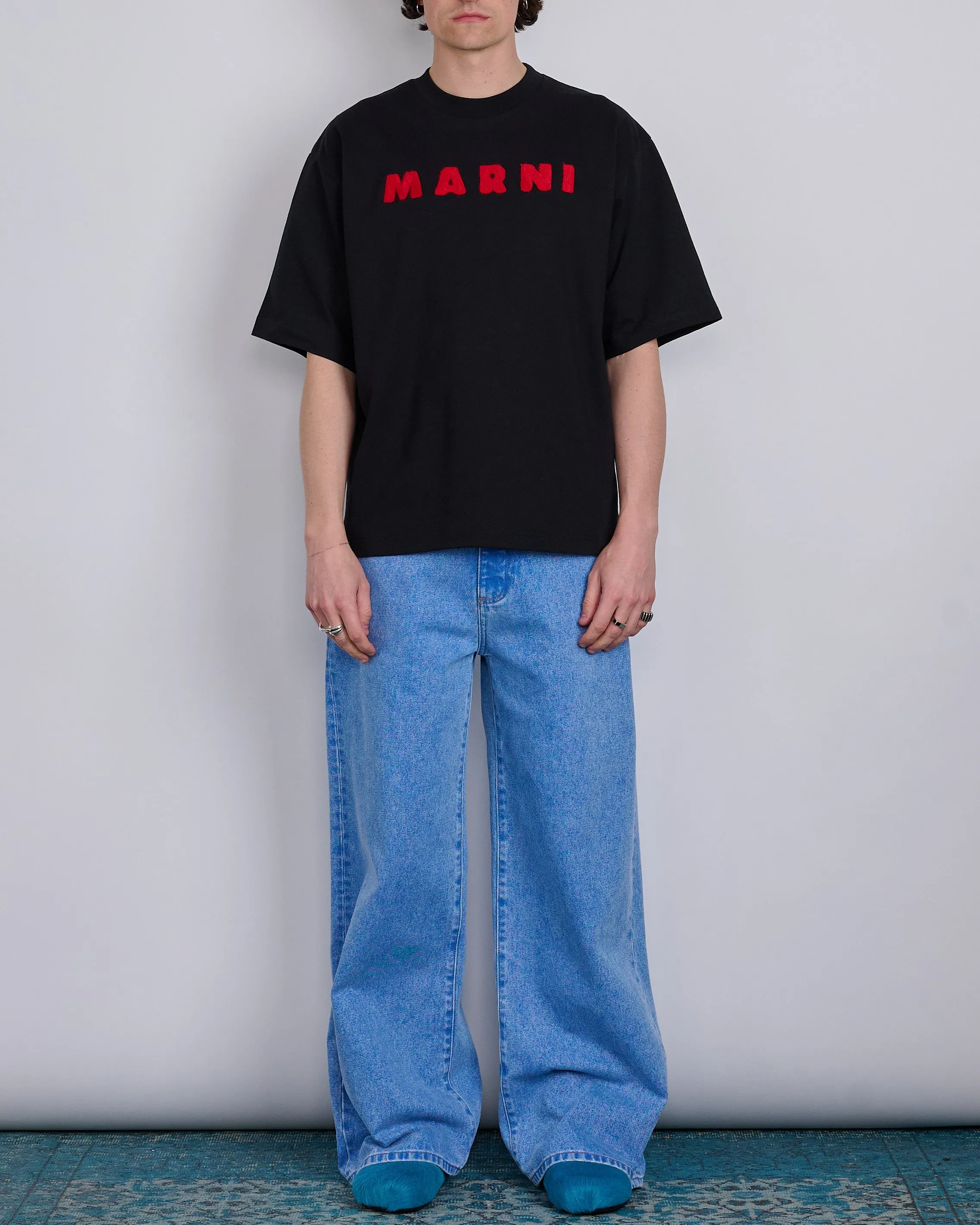 Marni Gingham Logo Mohair Applique T-Shirt Black