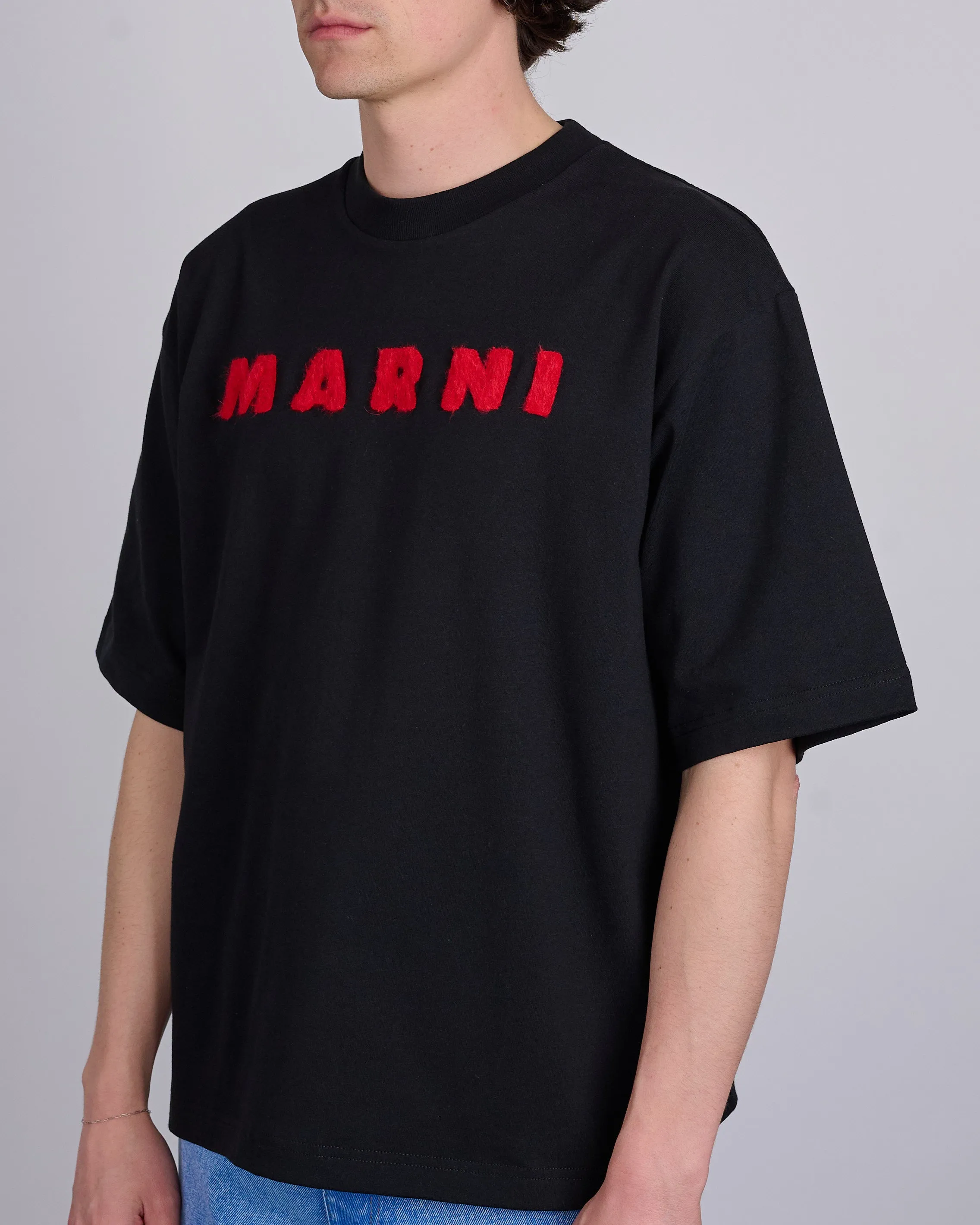 Marni Gingham Logo Mohair Applique T-Shirt Black