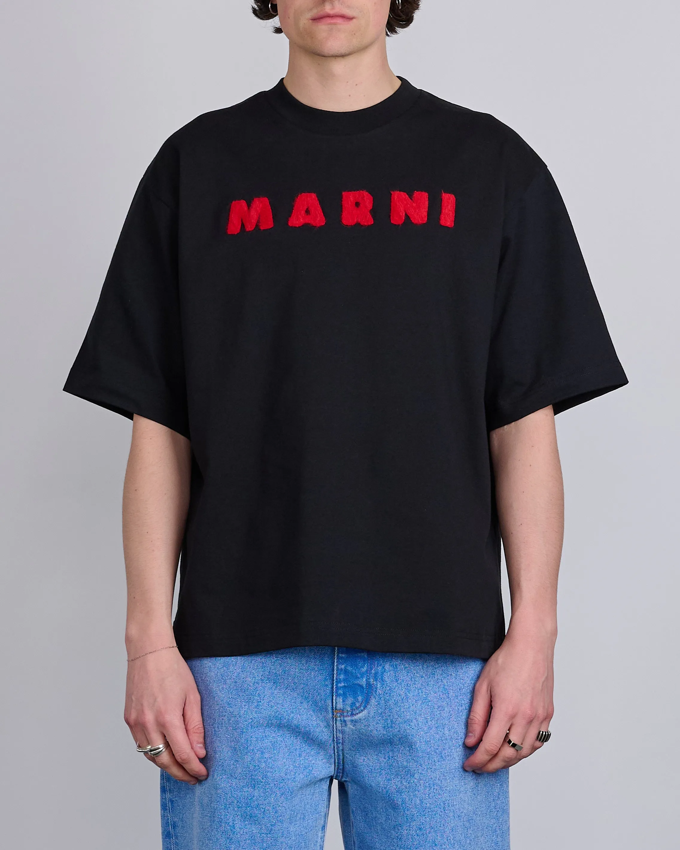 Marni Gingham Logo Mohair Applique T-Shirt Black