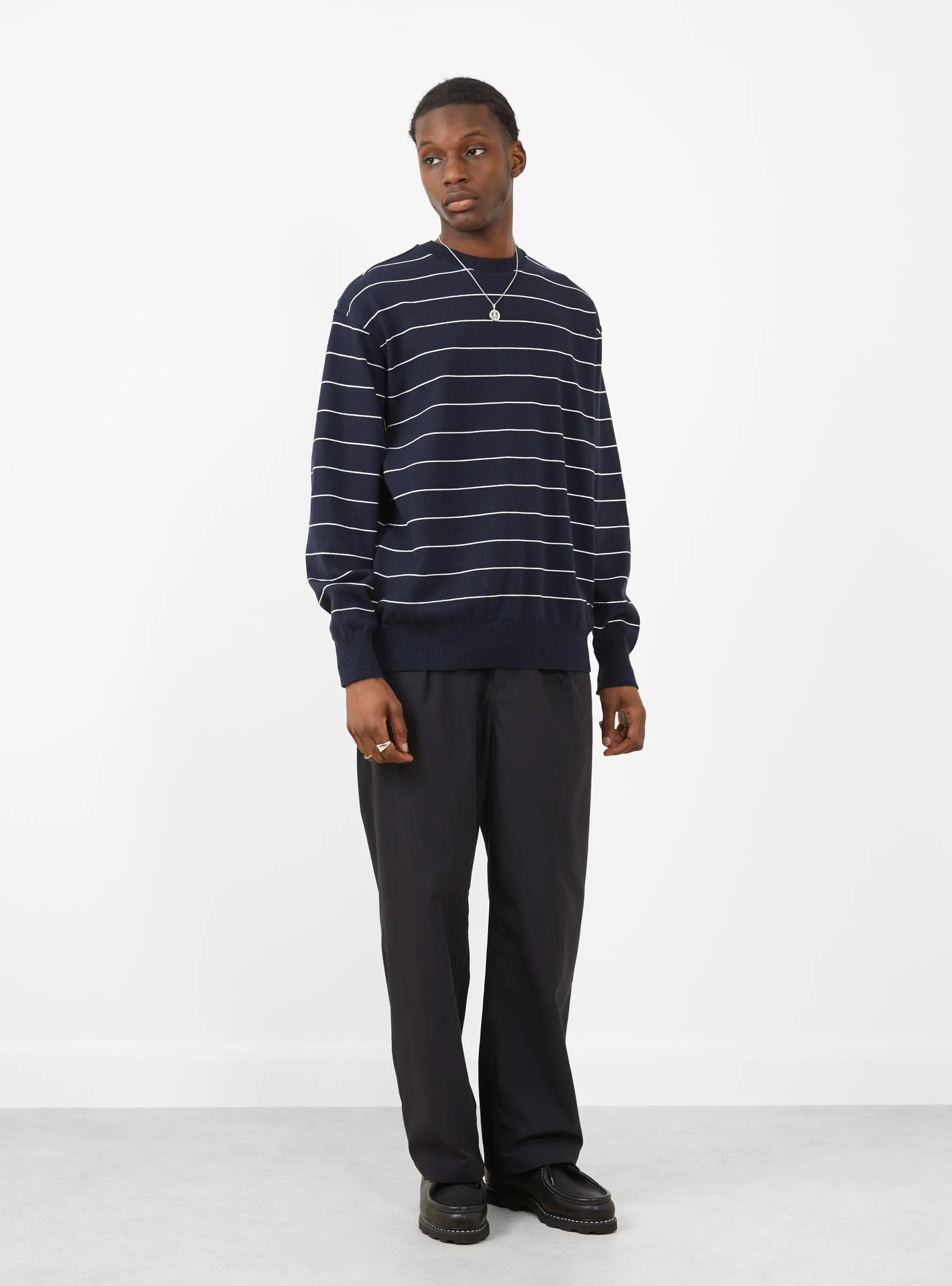 Wave Cotton Knit Pullover Navy Stripe